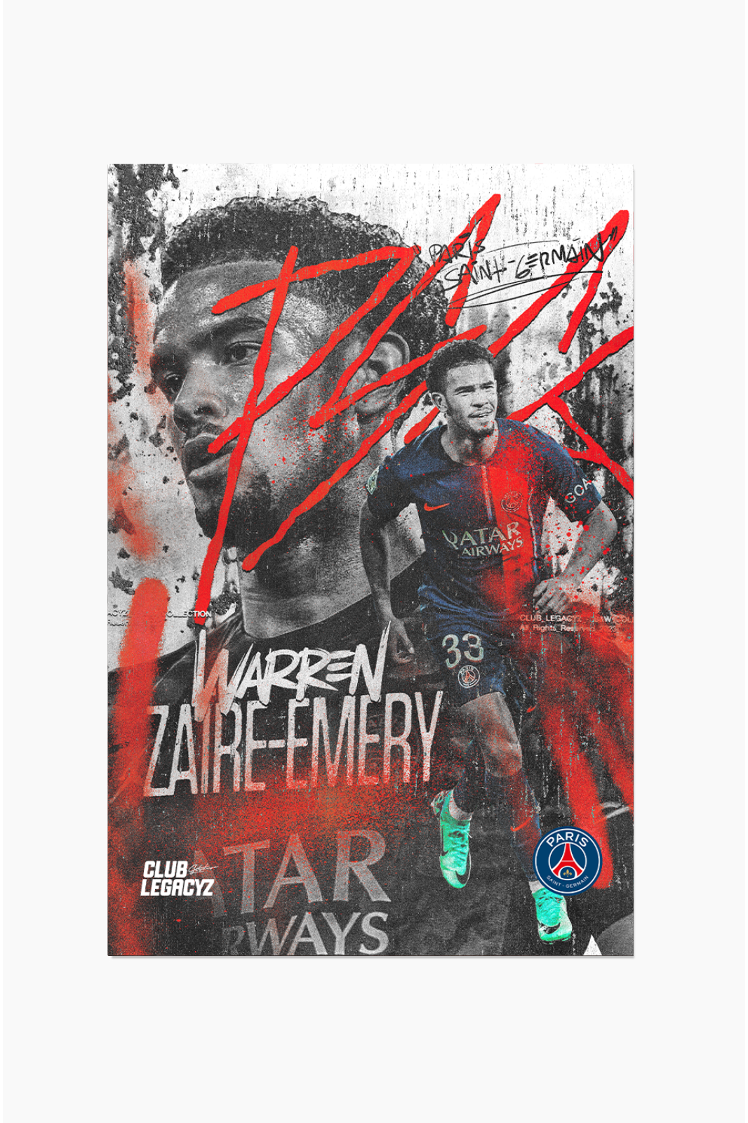 Paris Saint-Germain - Warren Zaïre-Emery Black & White Poster limited to 100